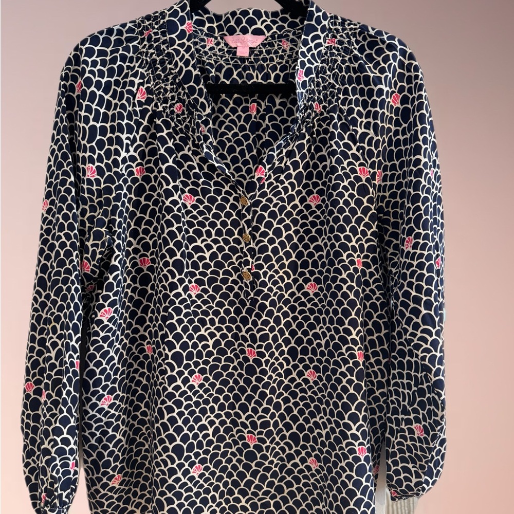 Lilly Pulitzer Navy and Pink Patterned Blouse